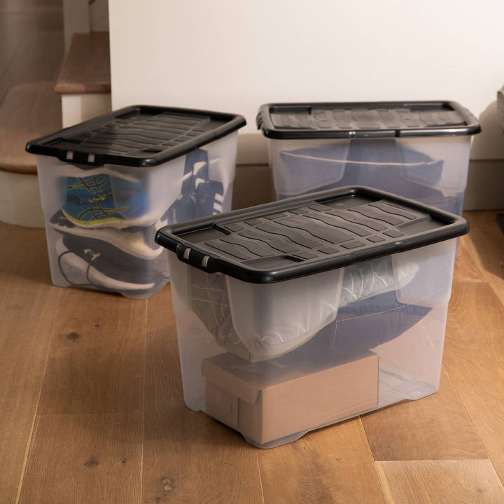Strata Curve 3 x 65L Plastic Storage Boxes with Lid - Clear