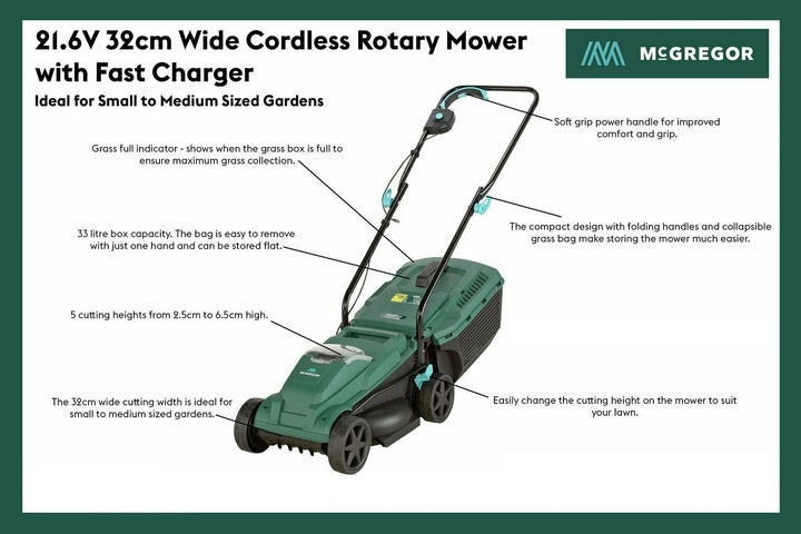 McGregor MCR2132 32cm Cordless Rotary Lawnmower - 21.6V - Bare Tool