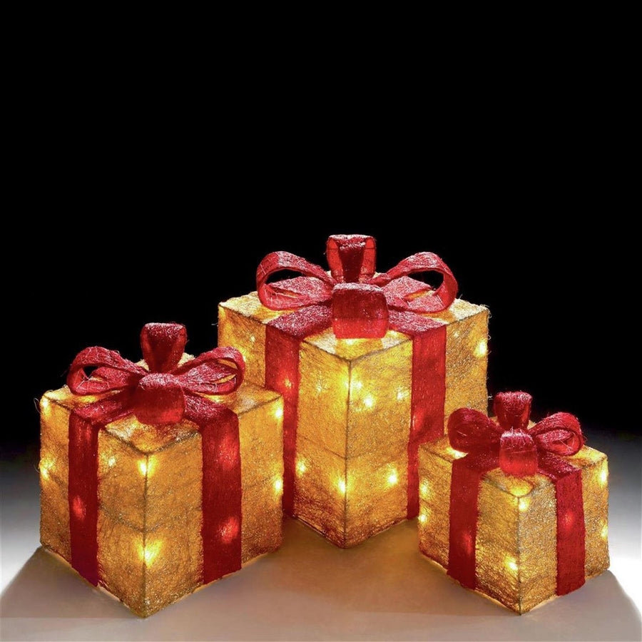Premier 3 Piece Glitter Parcels With Bow & LED Lights - Gold & Red