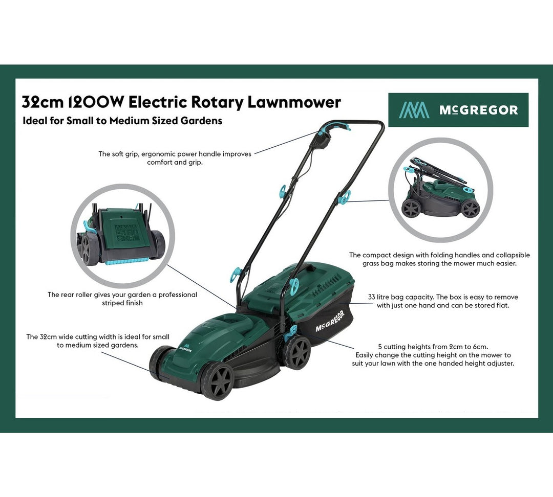 McGregor MER1232 32cm Corded Rotary Lawnmower - 1200W