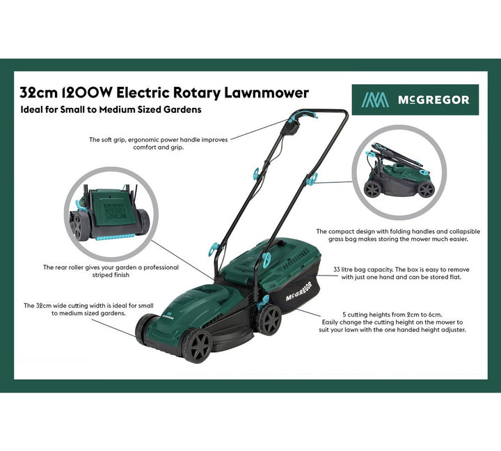 McGregor MER1232 32cm Corded Rotary Lawnmower - 1200W