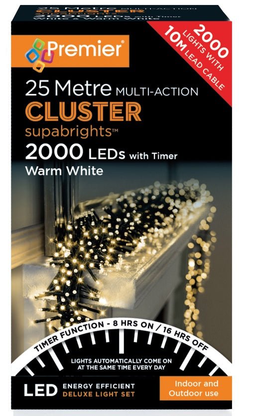 Premier Decorations 2000 LED Timer Cluster Christmas Tree Lights - Warm White