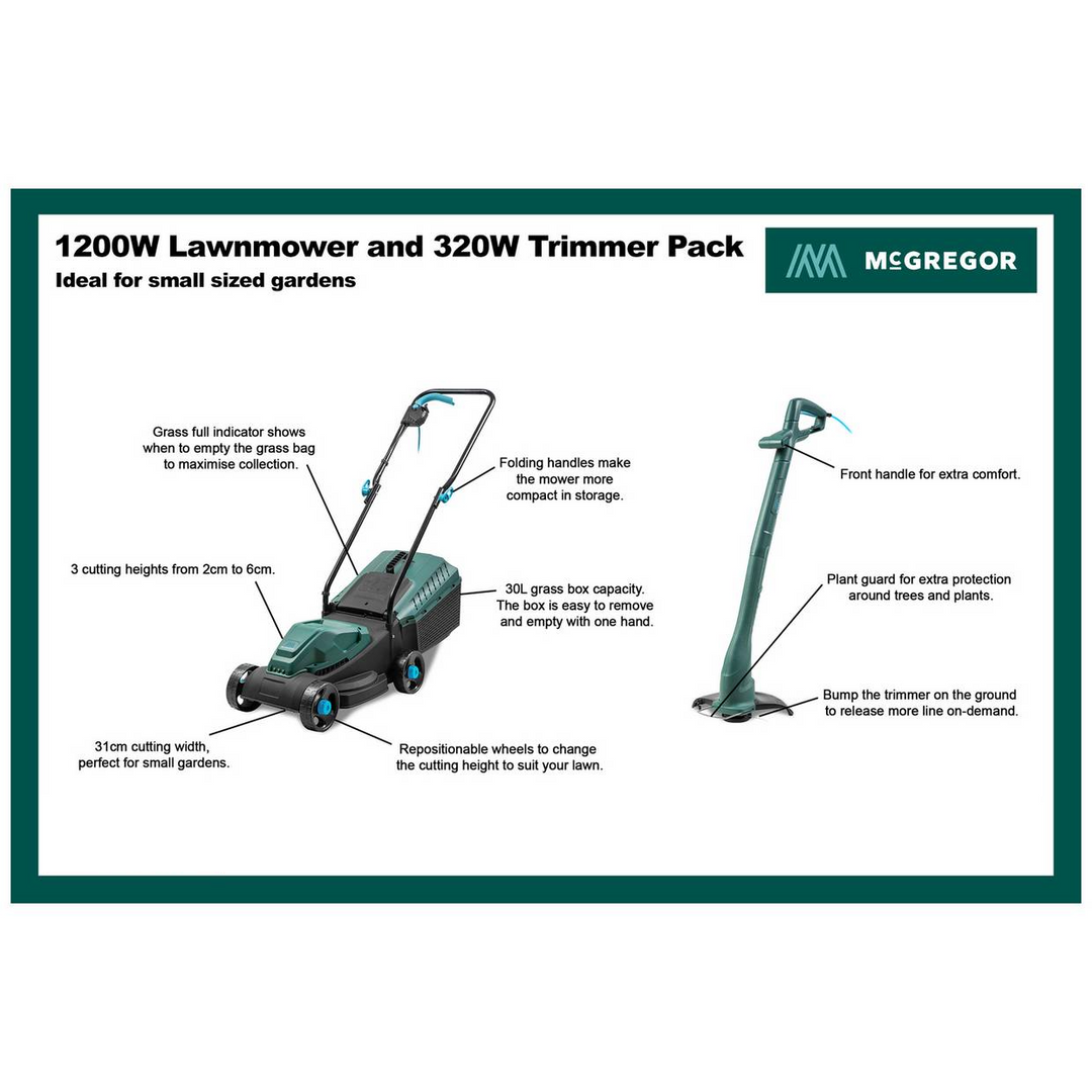 McGregor 31cm 1200W Electric Mower & 23cm 320W Grass Trimmer