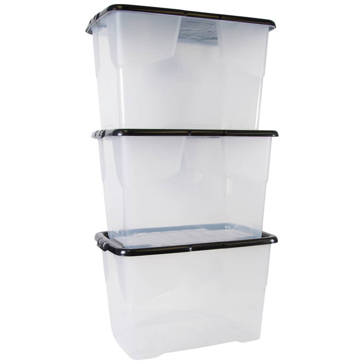 Strata Curve 3 x 65L Plastic Storage Boxes with Lid - Clear