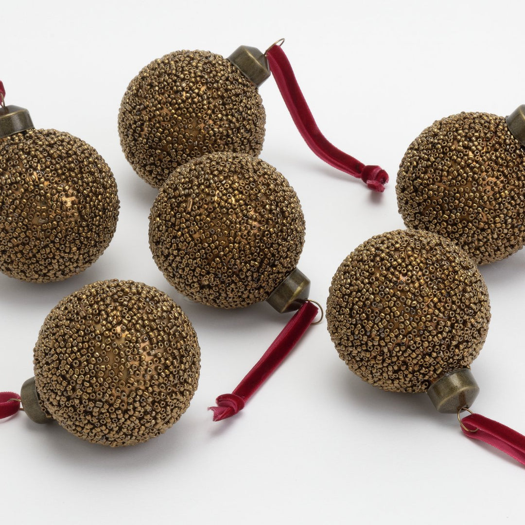 Habitat Pack of 6 Beaded Christmas Baubles - Bronze Gold