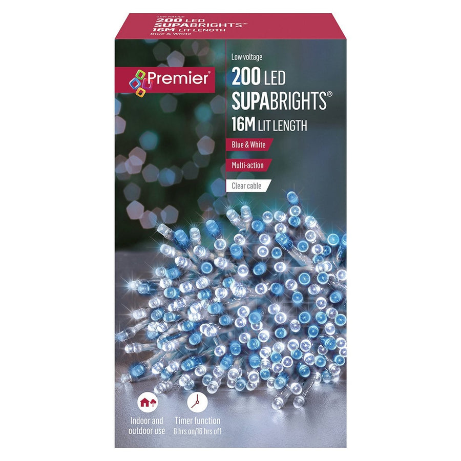 Premier Decorations 200 LED Supabrights Blue & White Multi-action Clear cable