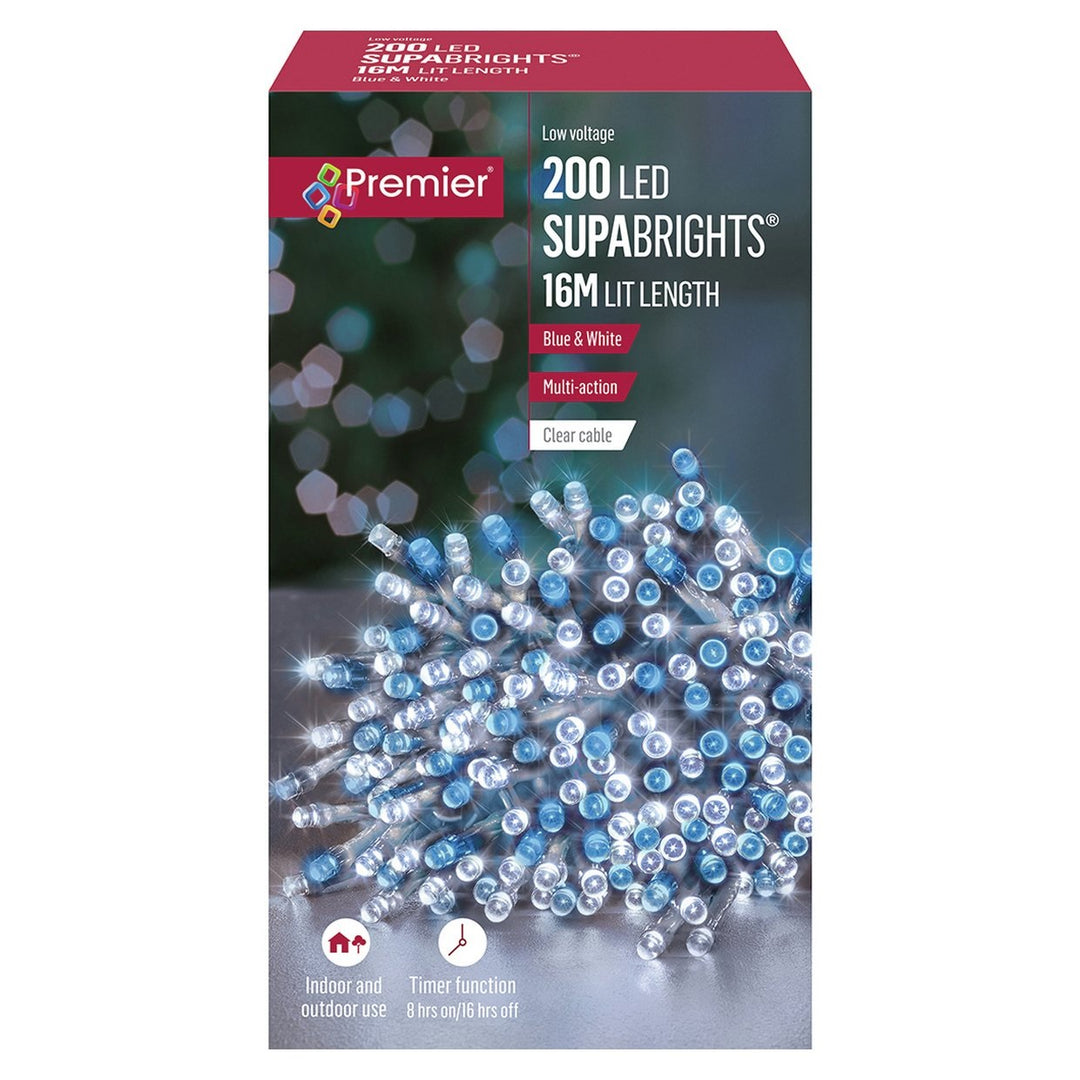 Premier Decorations 200 LED Supabrights Blue &amp; White Multi-action Clear cable