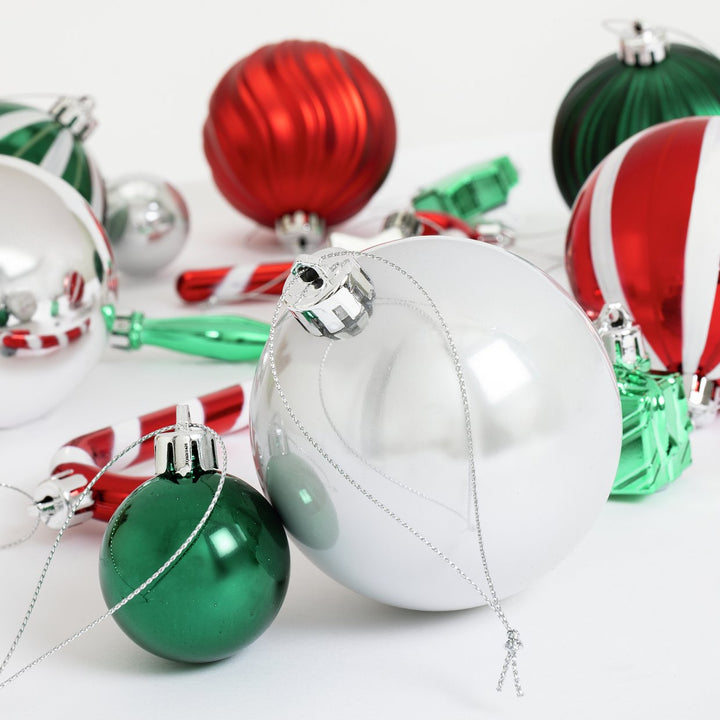Home Pack Of 49 Christmas Tree Baubles Decoration - Red, Green & Silver