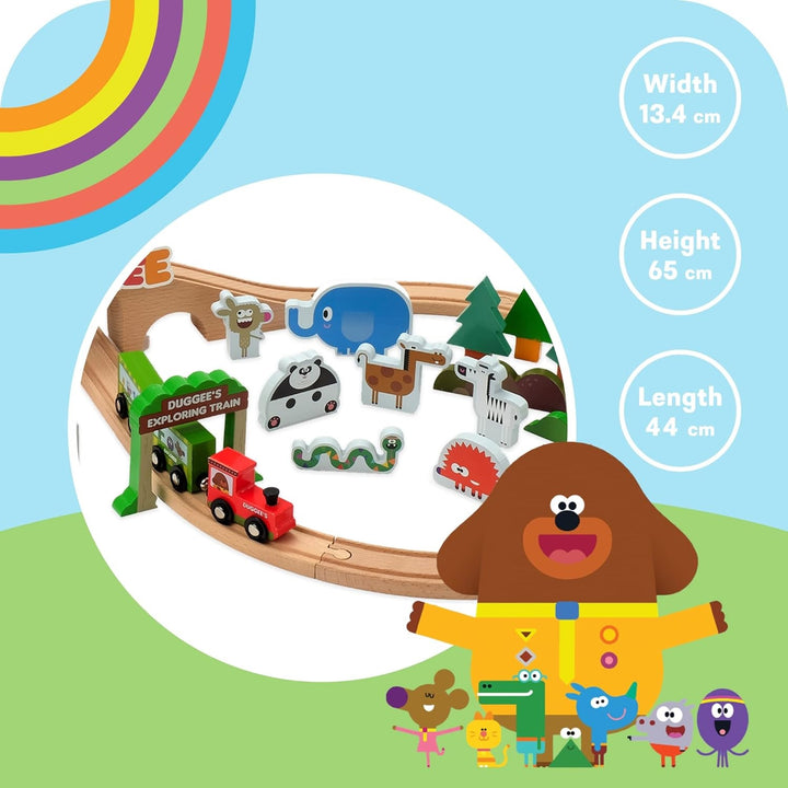 Hey Duggee - Wooden Safari Train Set 50 Pieces - 8 - Figure Train Track with Bridge, Wooden Characters, Animals & Scenery Parts