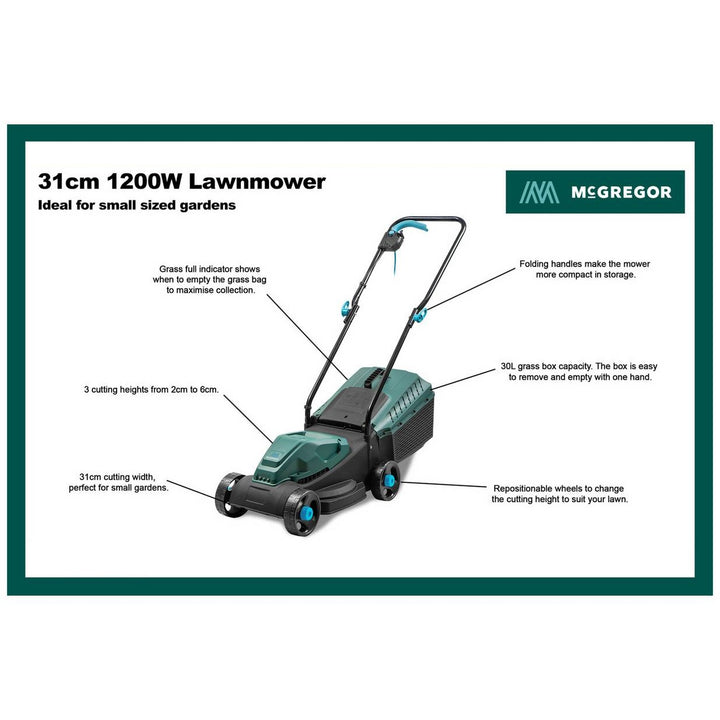 McGregor 31cm Electric Corded Rotary Lawnmower - 1200W - MCELM1231
