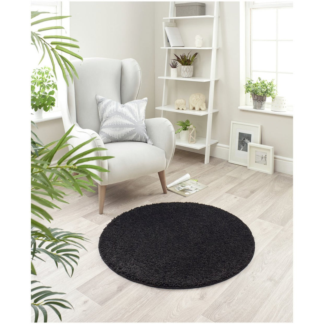 Buddy Washable Mat Plain Round Black Cut Pile Rug - 100cm