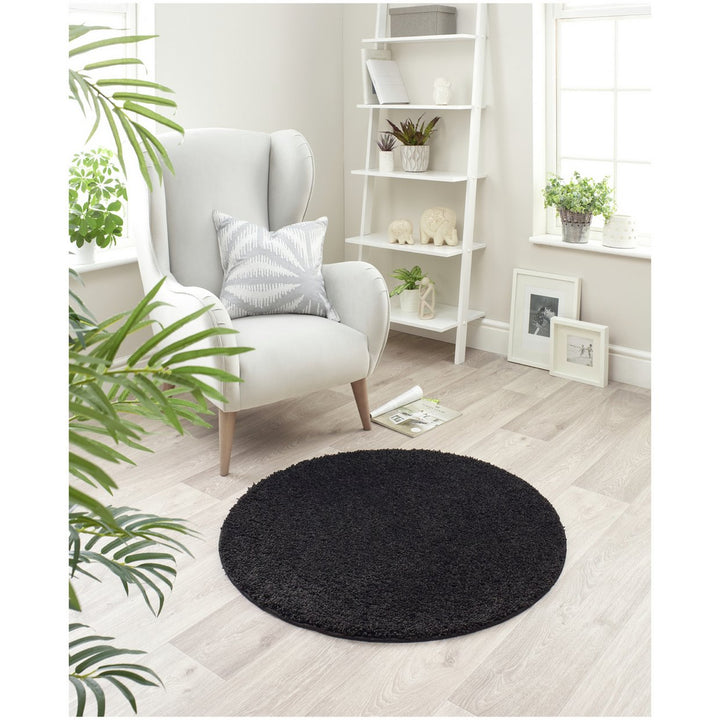 Buddy Washable Mat Plain Round Black Cut Pile Rug - 100cm