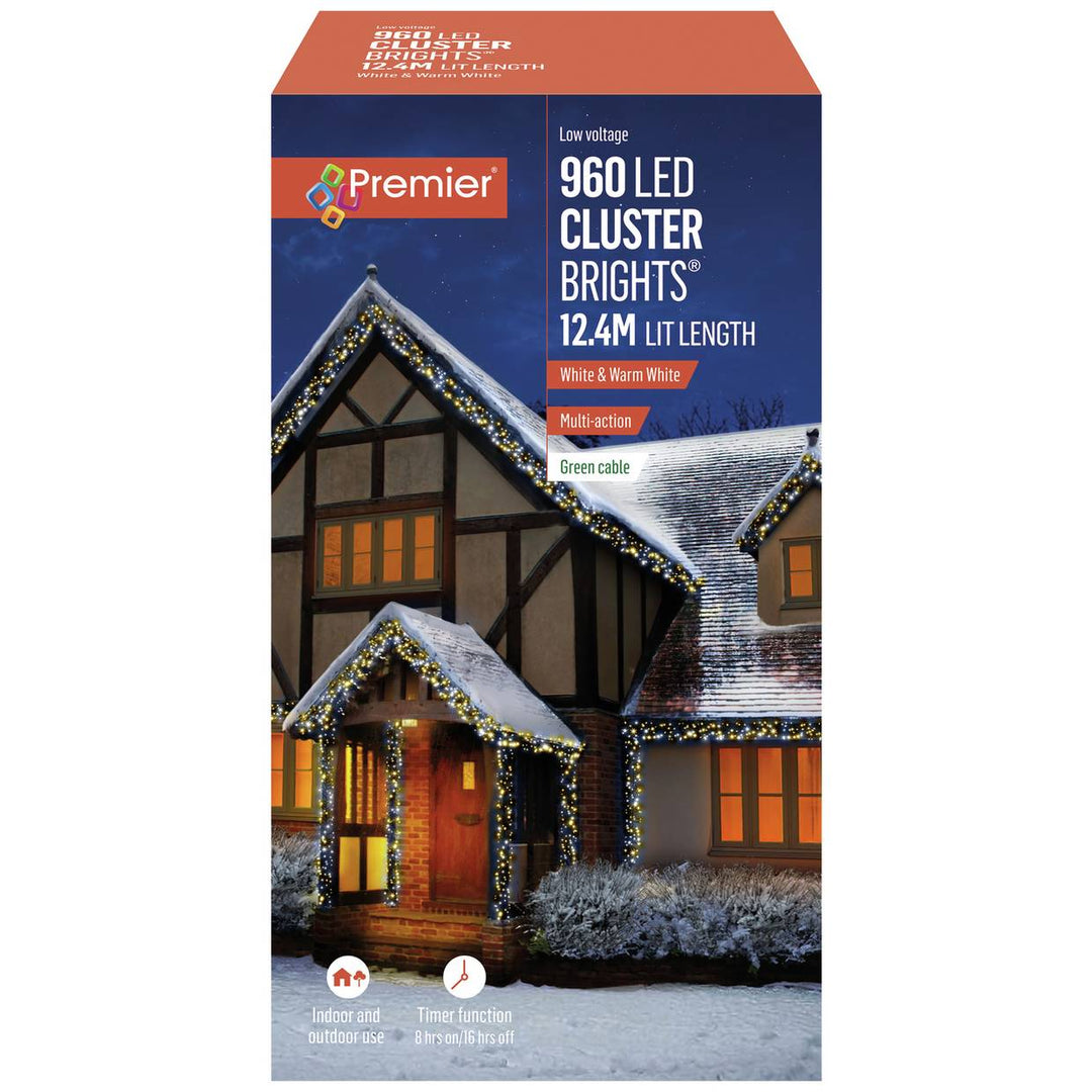 Premier Decorations 960 White LED Christmas Cluster Lights
