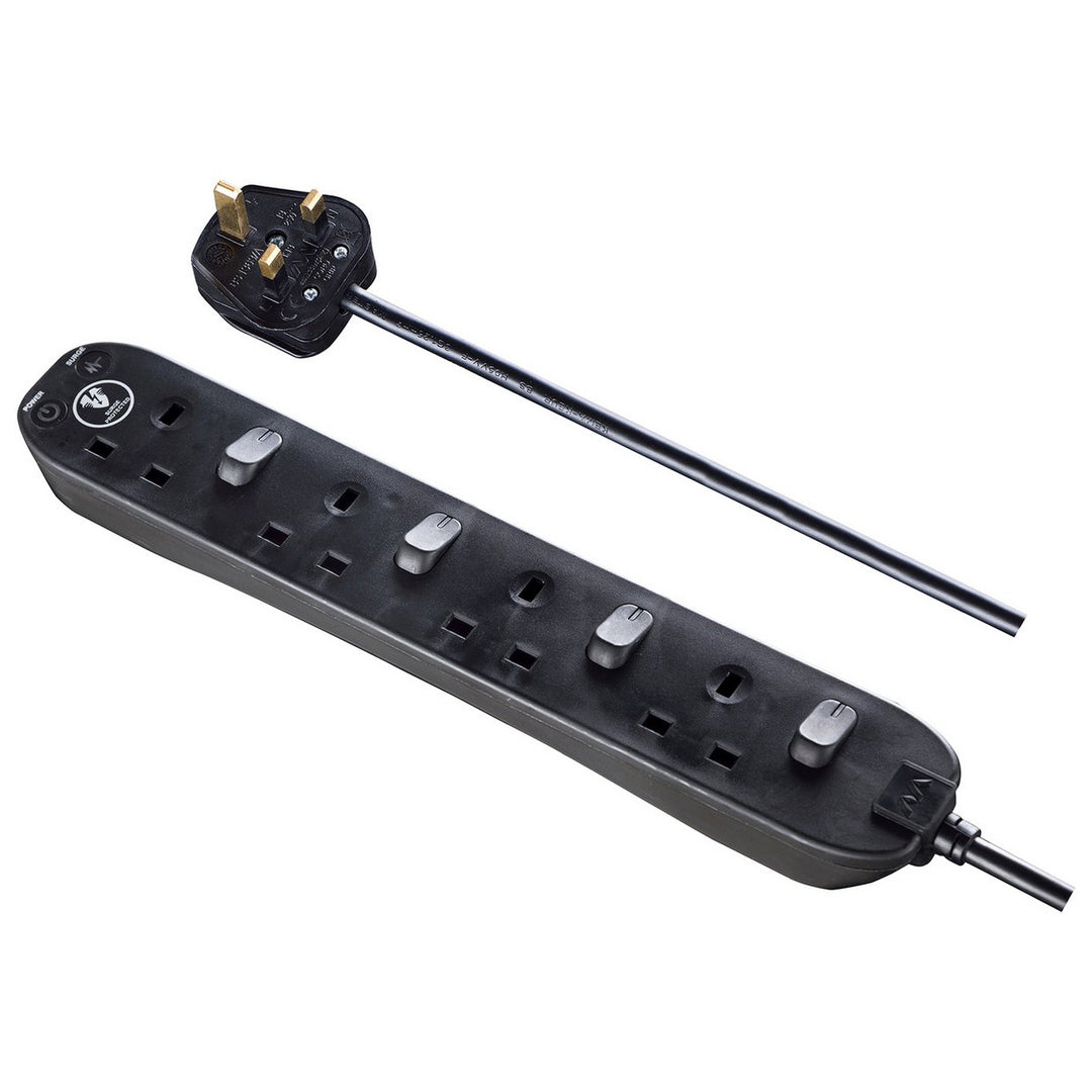 Masterplug 4 Switch Socket 1m Surge Protected Black Extension Lead