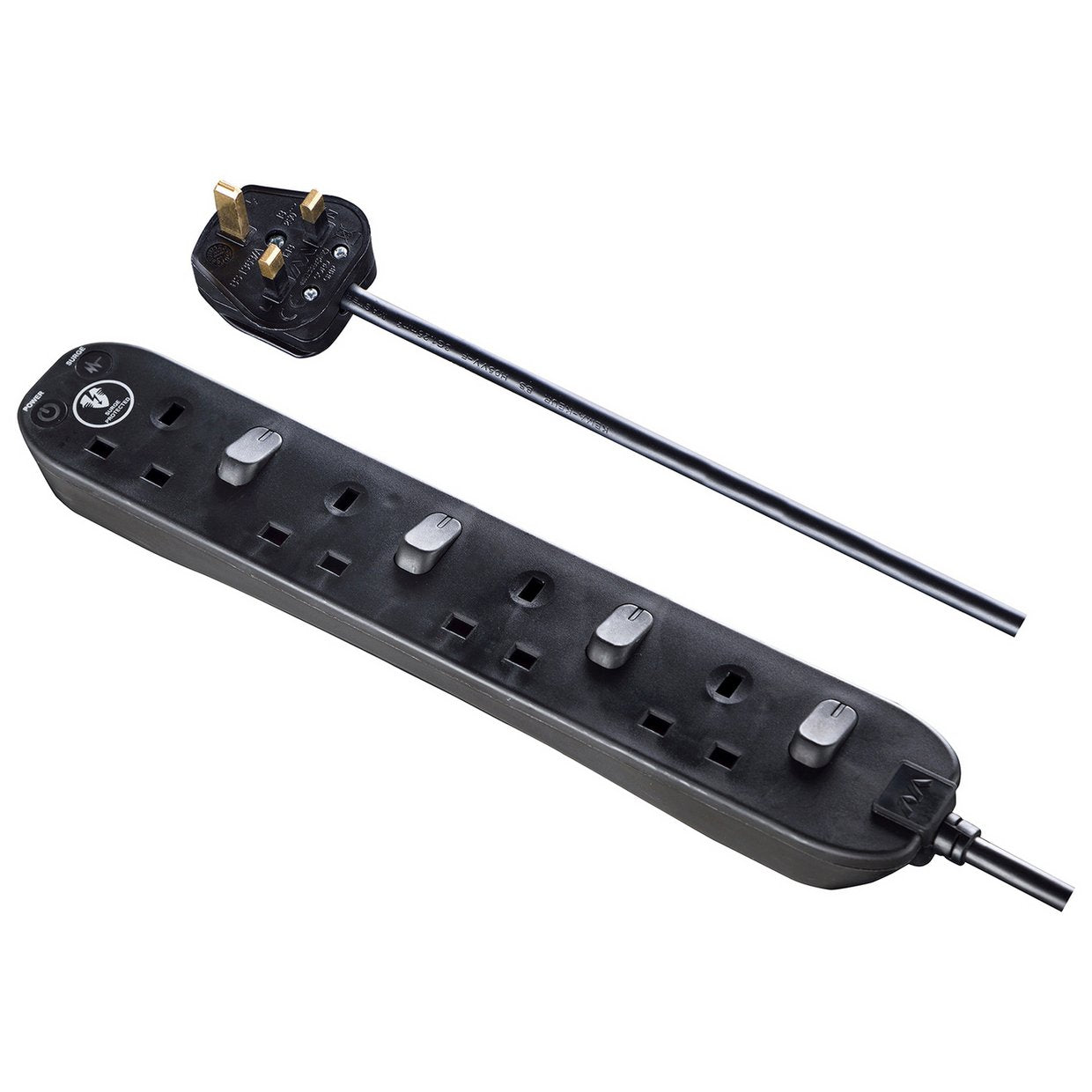 Masterplug 4 Switch Socket 1m Surge Protected Black Extension Lead