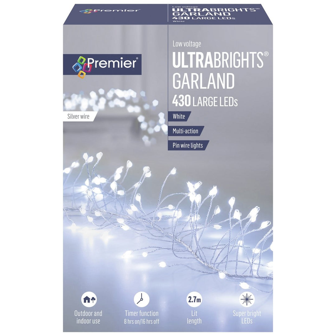 Premier 430 LED White Ultrabrights Garland Pin Wire Lights Silver Wire 2.7m Multi-action