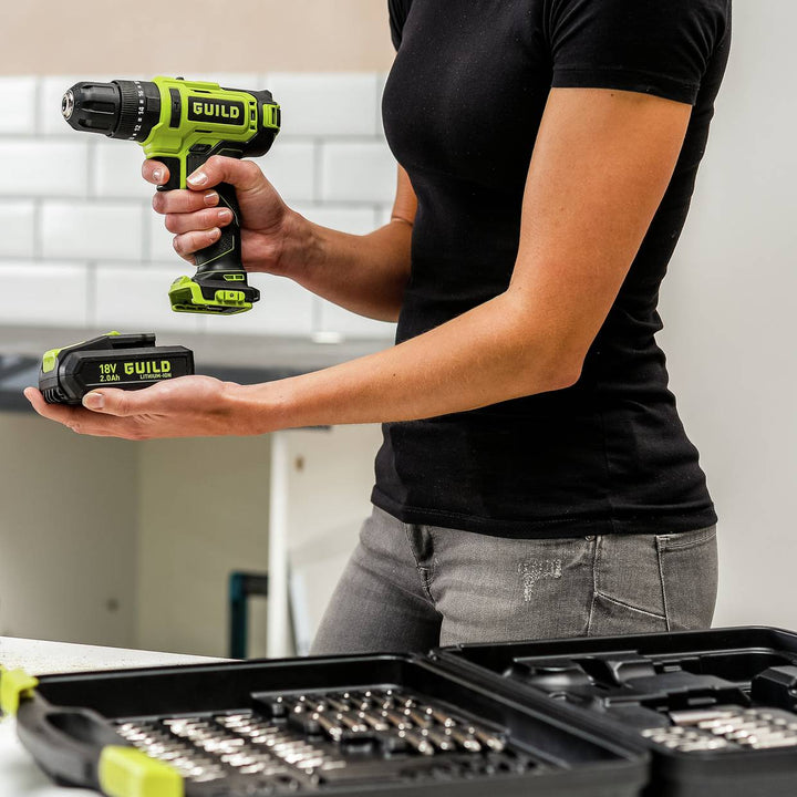 Guild 18V Cordless Impact Drill with 100 Accessories - 2.0AH