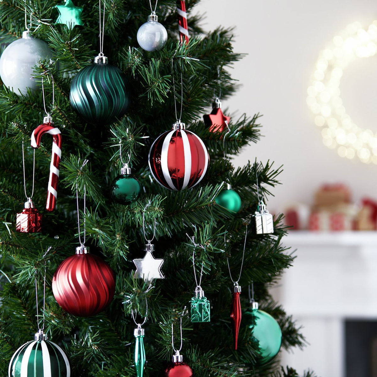 Home Pack Of 49 Christmas Tree Baubles Decoration - Red, Green & Silver