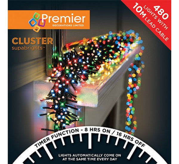 Premier Decorations 480 LED Clusters & Timer Christmas Lights - Multicoloured