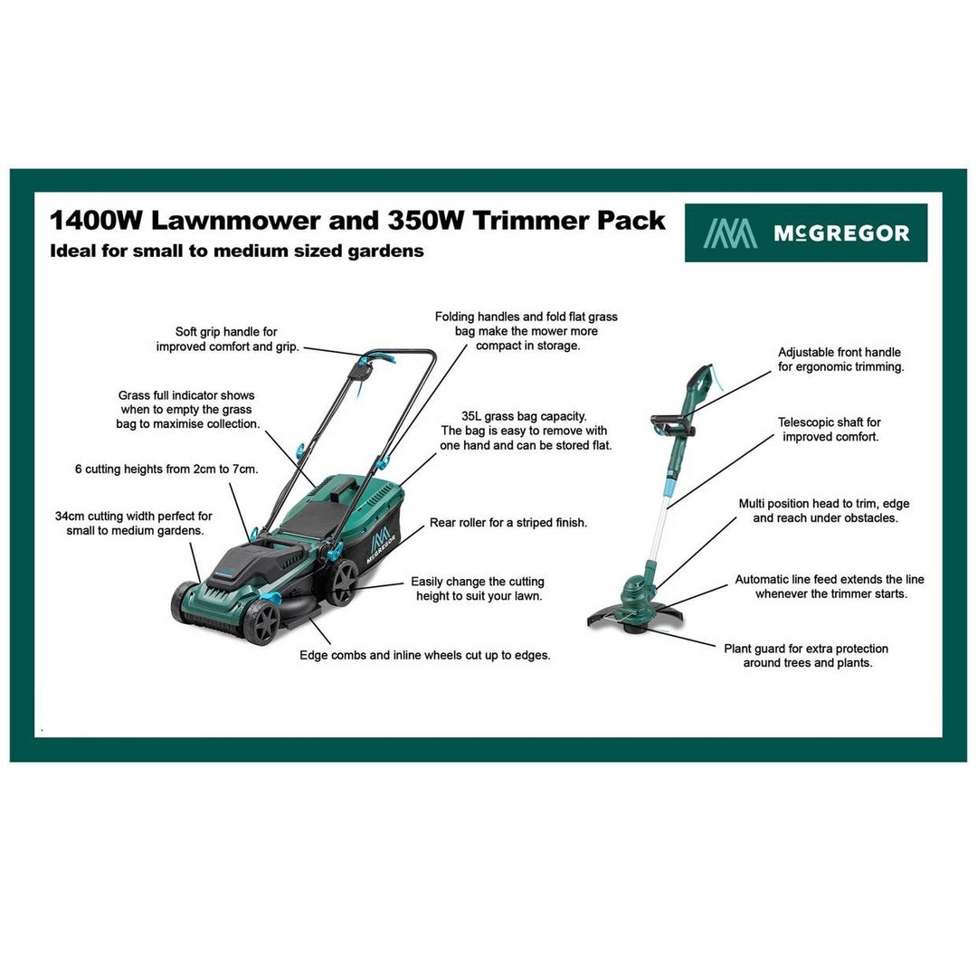 McGregor 34cm 1400W Mower & 25cm 350W Grass Trimmer