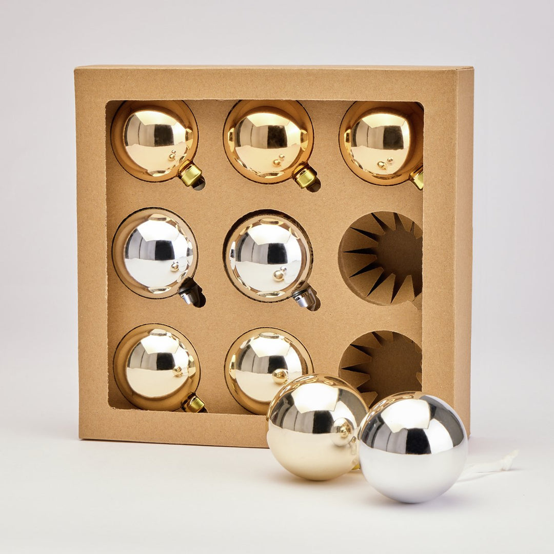 Home Pack of 9 Glass Christmas Baubles - Silver &amp; Gold