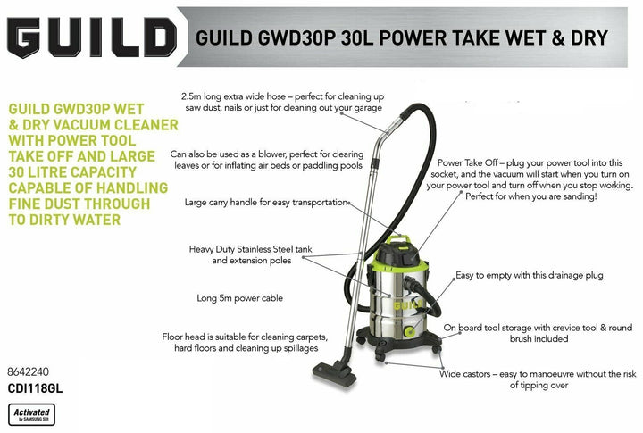 Guild 30L Wet & Dry Canister Vacuum Cleaner With Power Take Off - 1500W