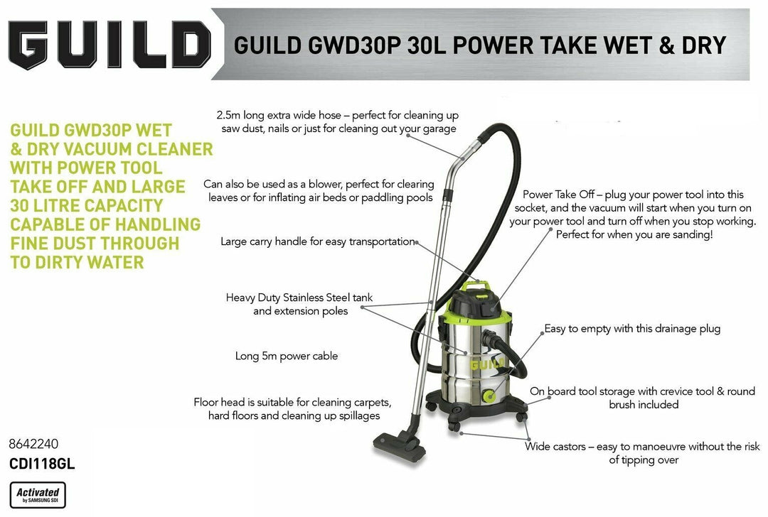 Guild 30L GWD30P Wet & Dry Canister Vacuum Cleaner With Power Take Off - 1500W