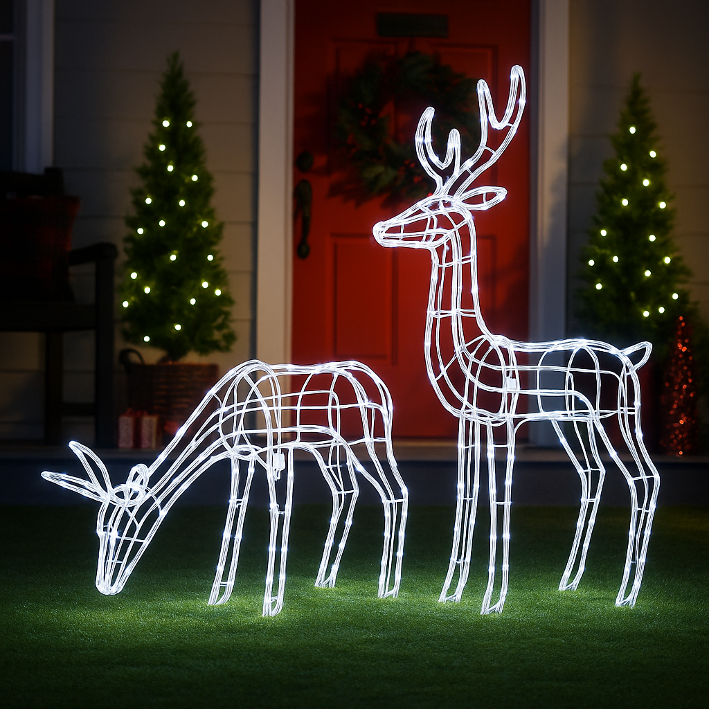 Home Pair Of Animated LED Nodding & Grazing Reindeer Christmas Decorations