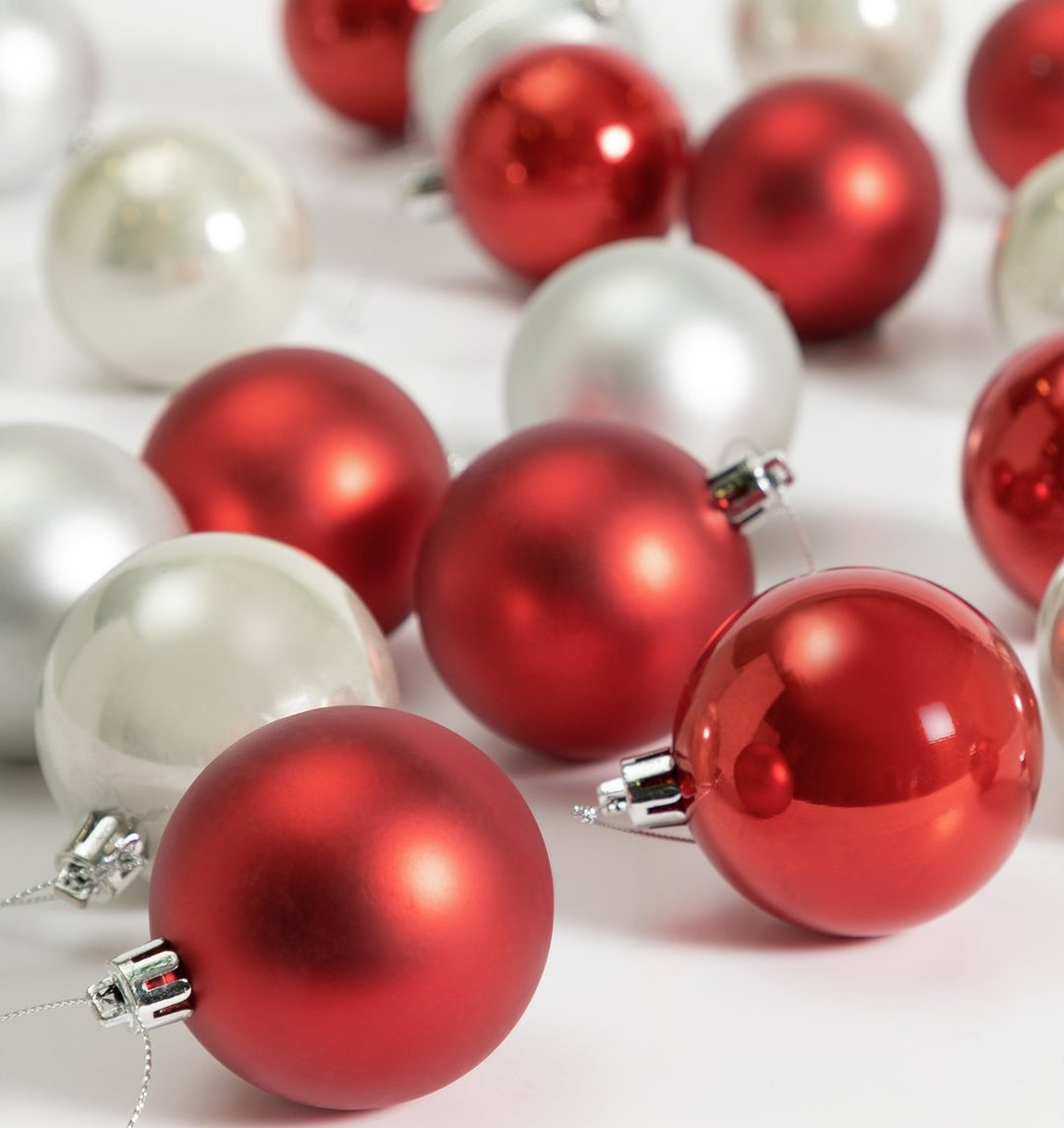 Home Pack of 24 Christmas Tree Baubles Decoration - Red & Silver