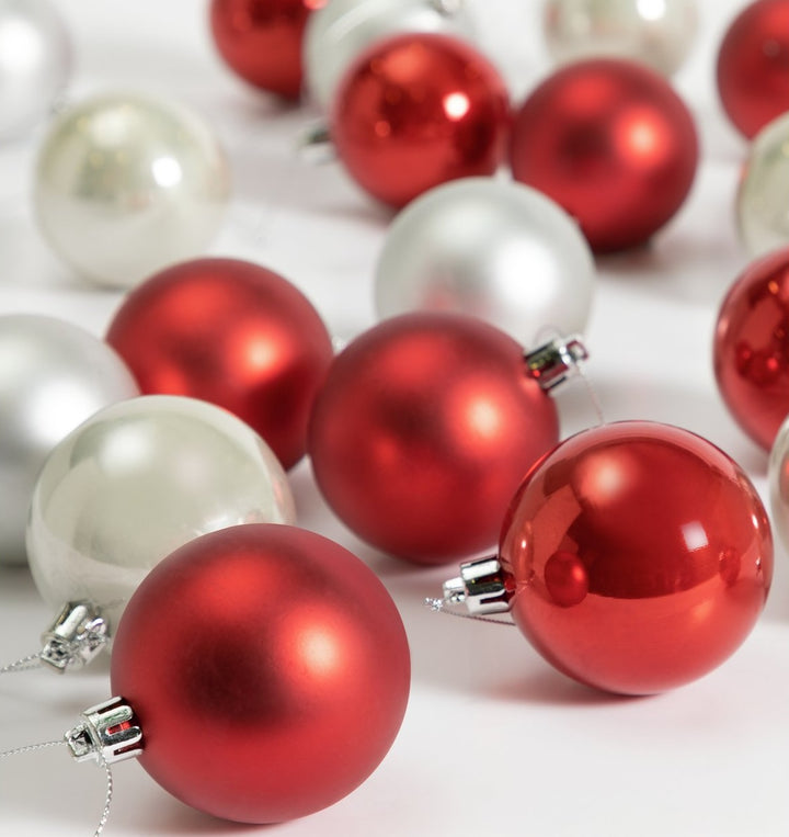 Home Pack of 24 Christmas Tree Baubles Decoration - Red & Silver