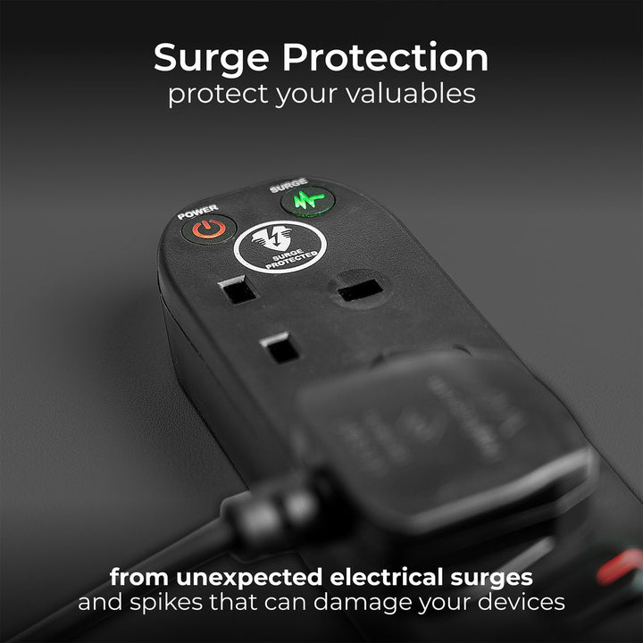 Masterplug 4 Switch Socket 1m Surge Protected Black Extension Lead