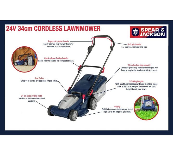 Spear & Jackson 34cm Cordless Lawnmower - 24V (No Battery & No Charger)