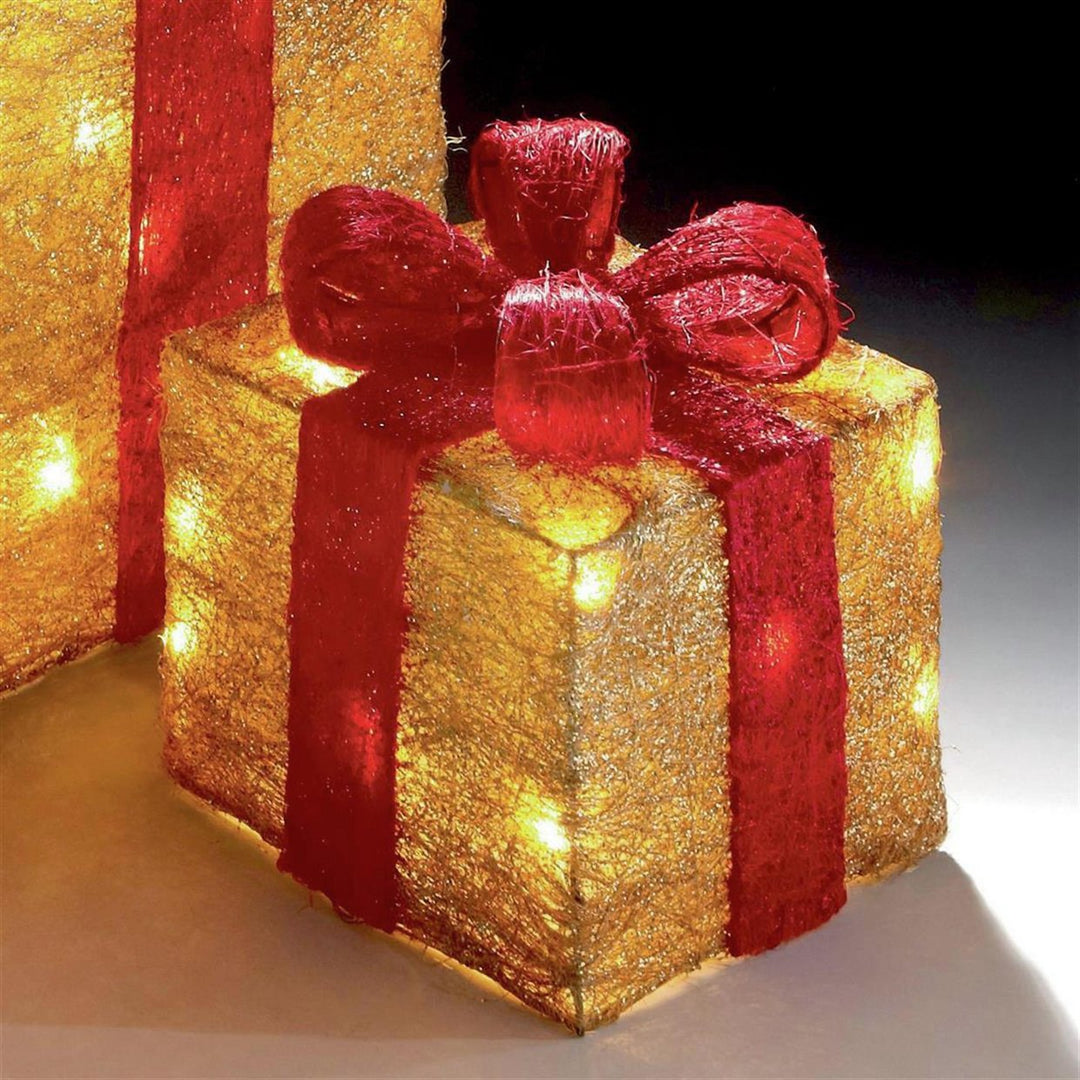 Premier 3 Piece Glitter Parcels With Bow & LED Lights - Gold & Red