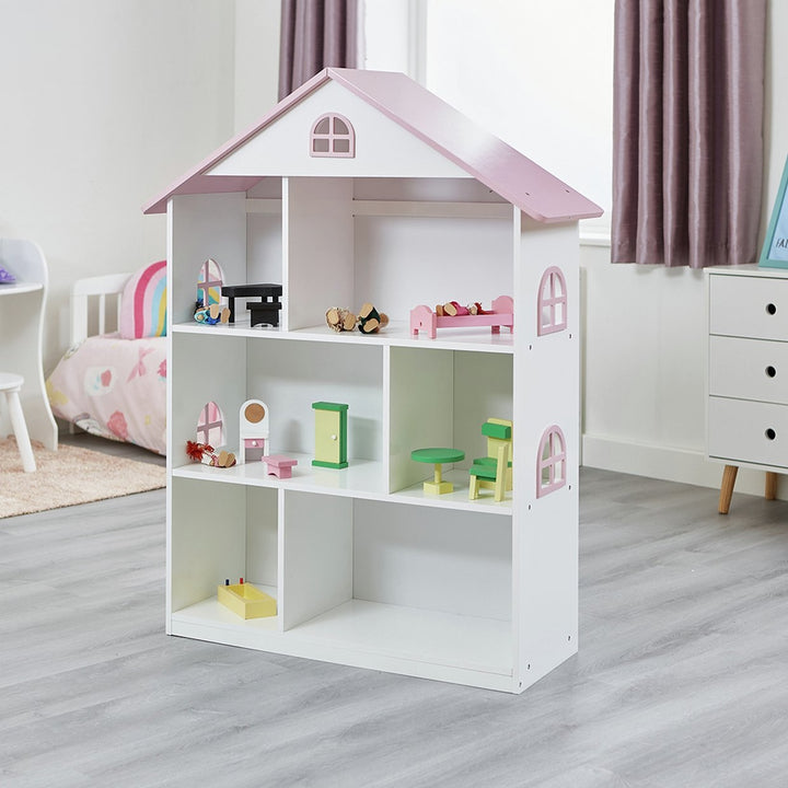 Liberty House White Dolls House Bookcase with Pink Roof