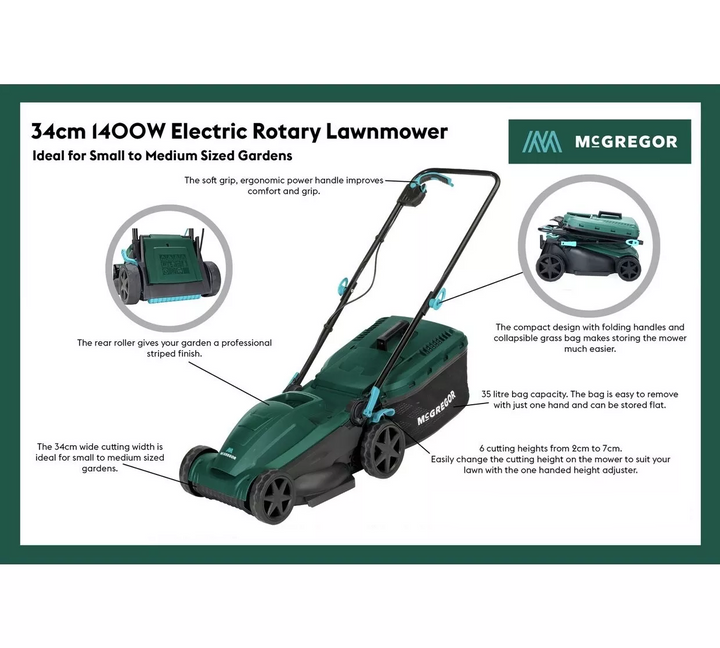 McGregor MER1434 34cm Corded Rotary Lawnmower - 1400W