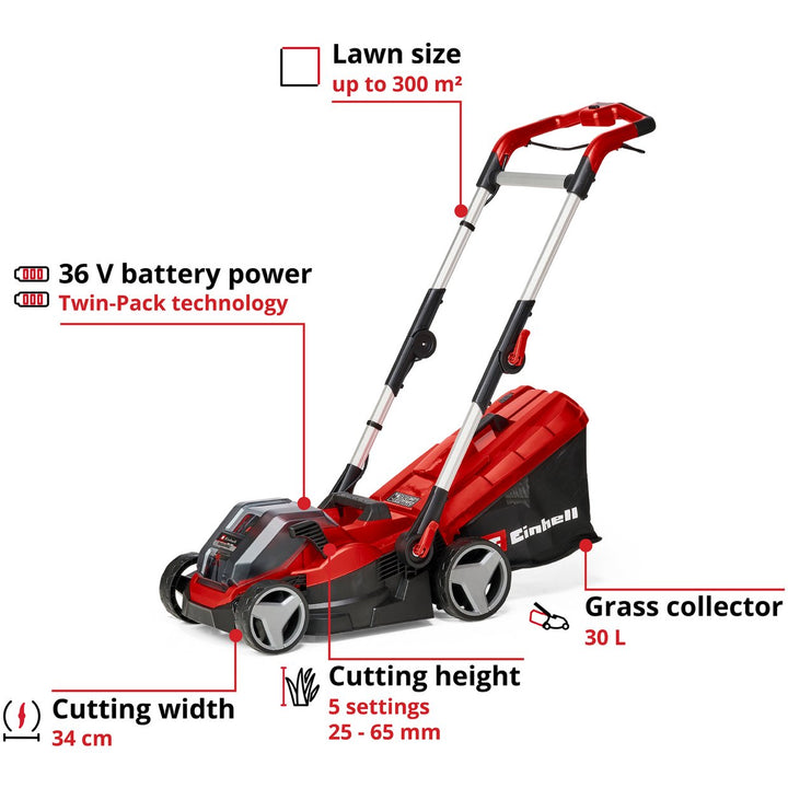 Einhell 36V 34cm Cordless Rotary Lawnmower Garden Push Mower No Battery Charger Used