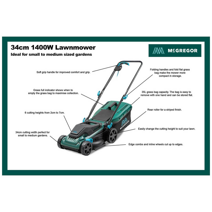 McGregor MCELM1434 34cm Electric Corded Rotary Lawnmower - 1400W