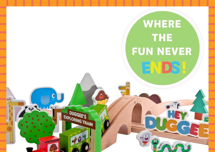 Hey Duggee - Wooden Safari Train Set 50 Pieces - 8 - Figure Train Track with Bridge, Wooden Characters, Animals & Scenery Parts