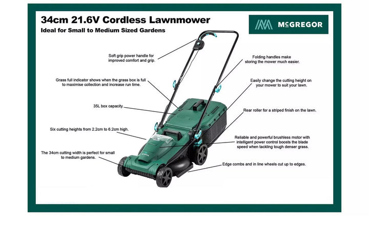 McGregor MCR2134A 34cm Cordless Rotary Lawnmower - 21.6V - (No Battery, No Charger) - USED ITEM