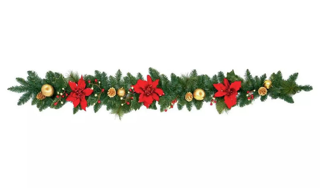 Premier Decorations 1.8m Poinsetta Garland - Red and Gold