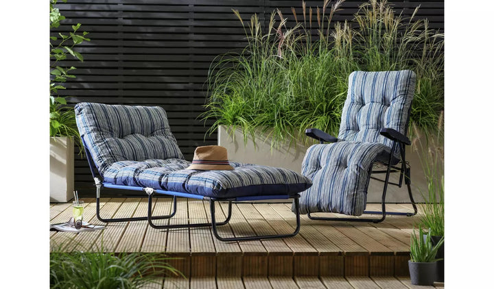 Home Metal Folding Relaxer Chair &amp; Sun Lounger Set - Coastal Stripe