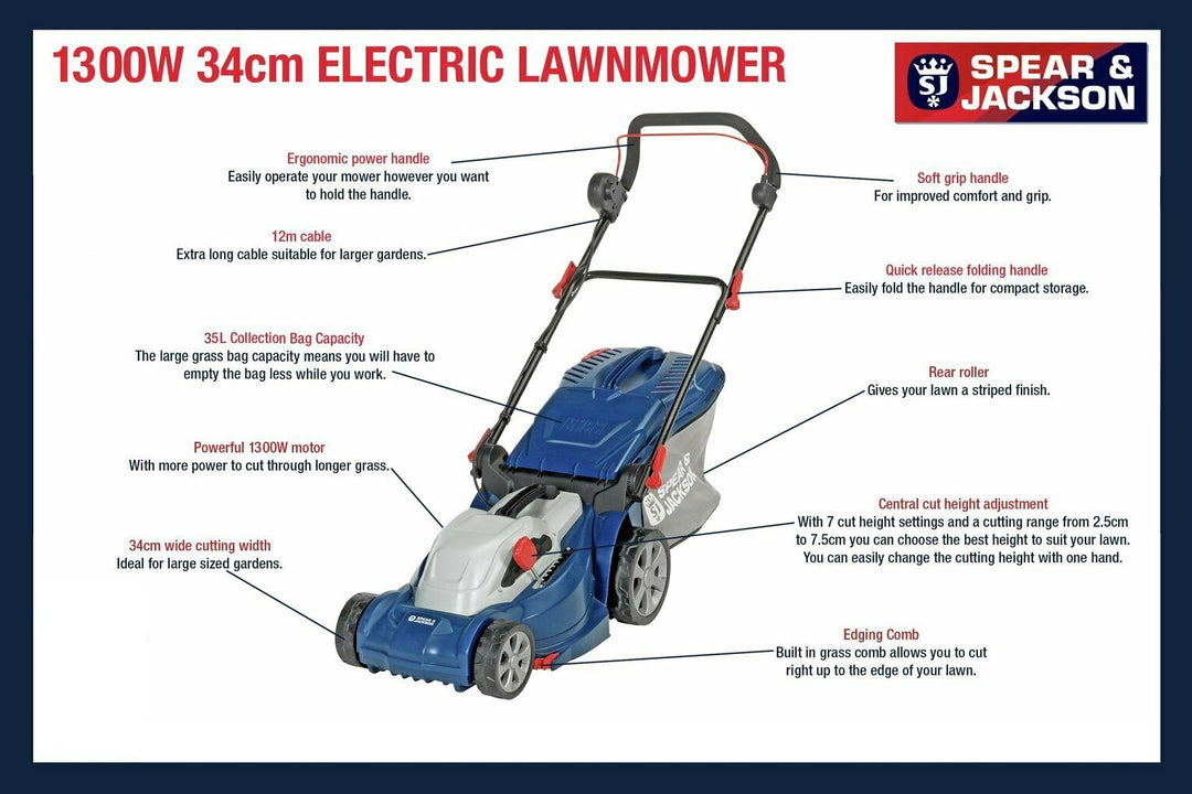 Spear & Jackson S1334ER2 34cm Corded Rotary Lawnmower - 1300W