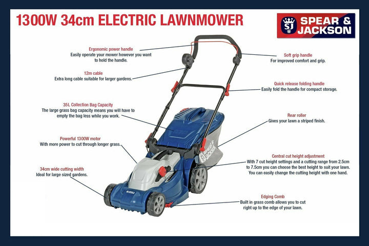 Spear & Jackson S1334ER2 34cm Corded Rotary Lawnmower - 1300W