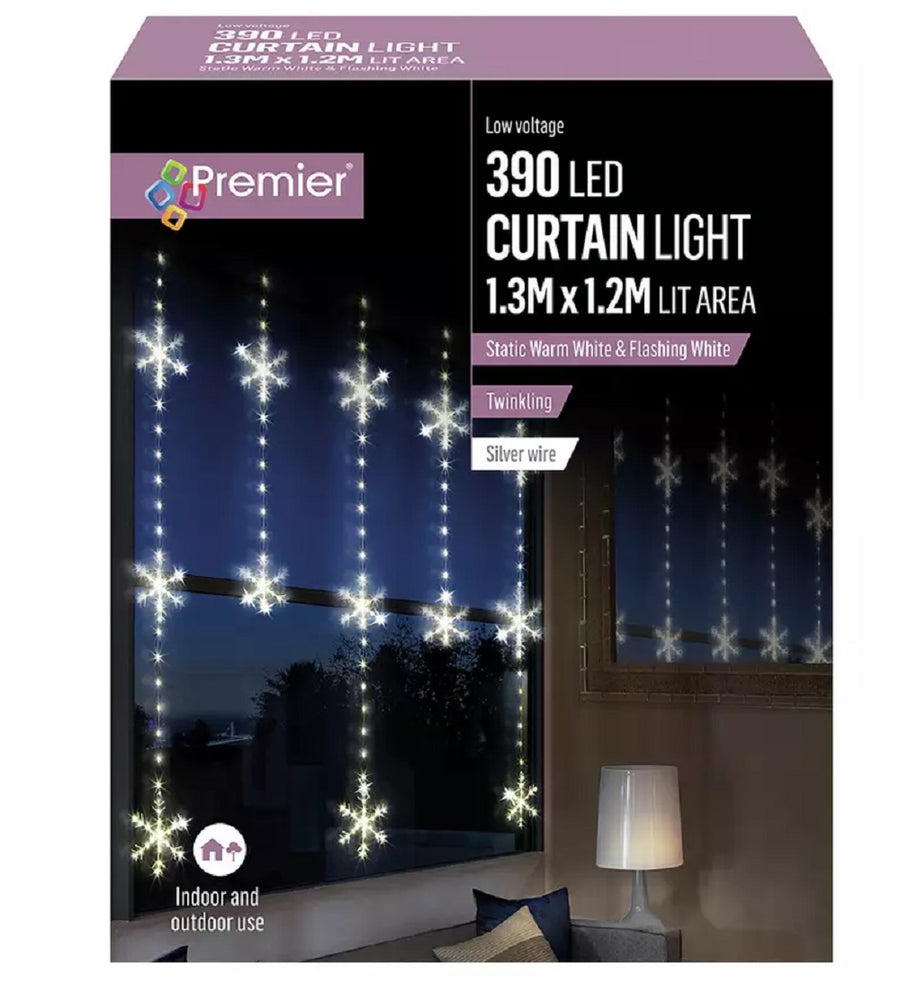 Premier 390 LED Snowflake Pin Wire Curtain Christmas Lights