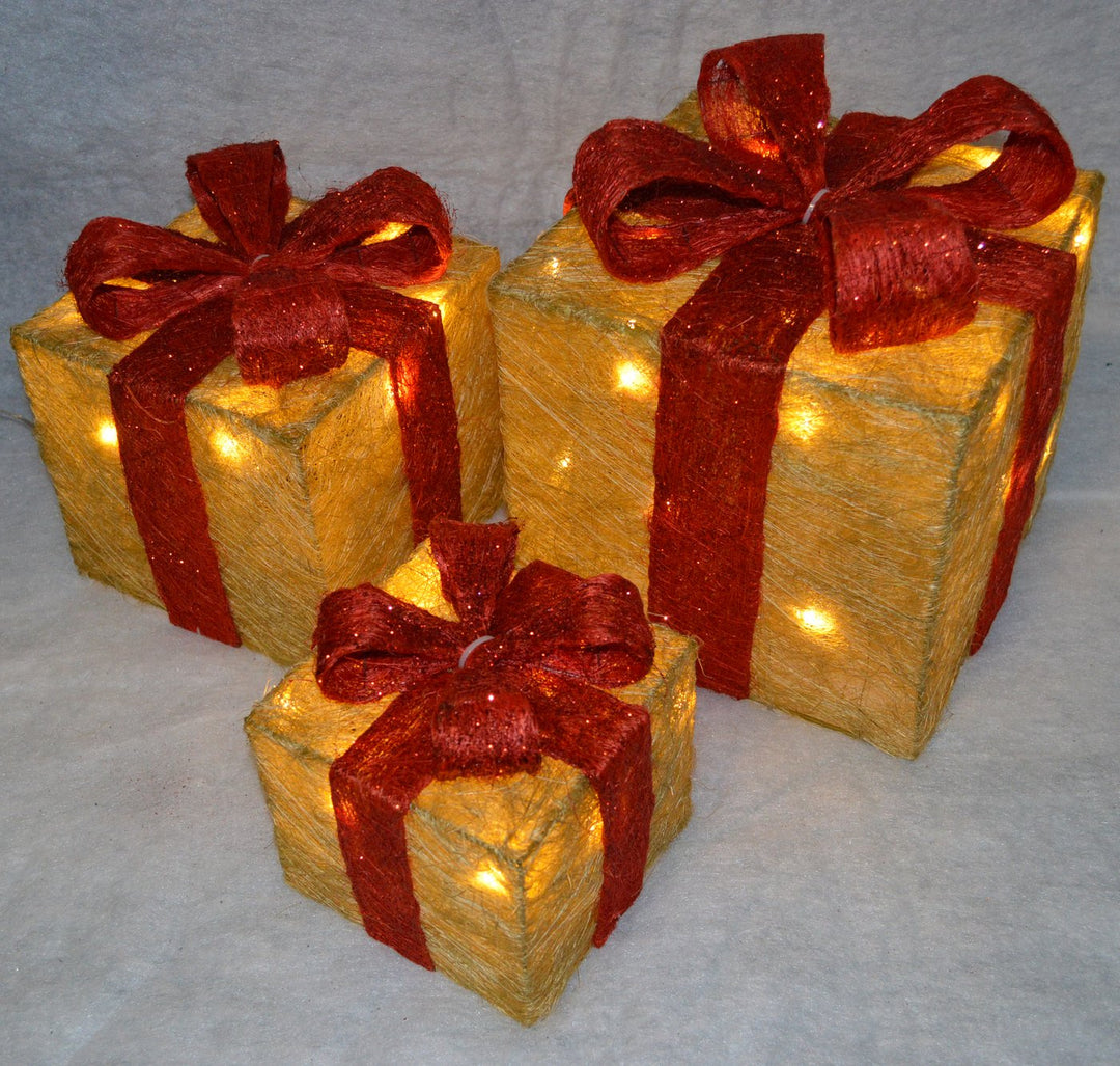 Premier 3 Piece Glitter Parcels With Bow & LED Lights - Gold & Red