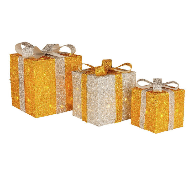 Home Set of 3 Light Up Gift Boxes Christmas Decoration - Gold