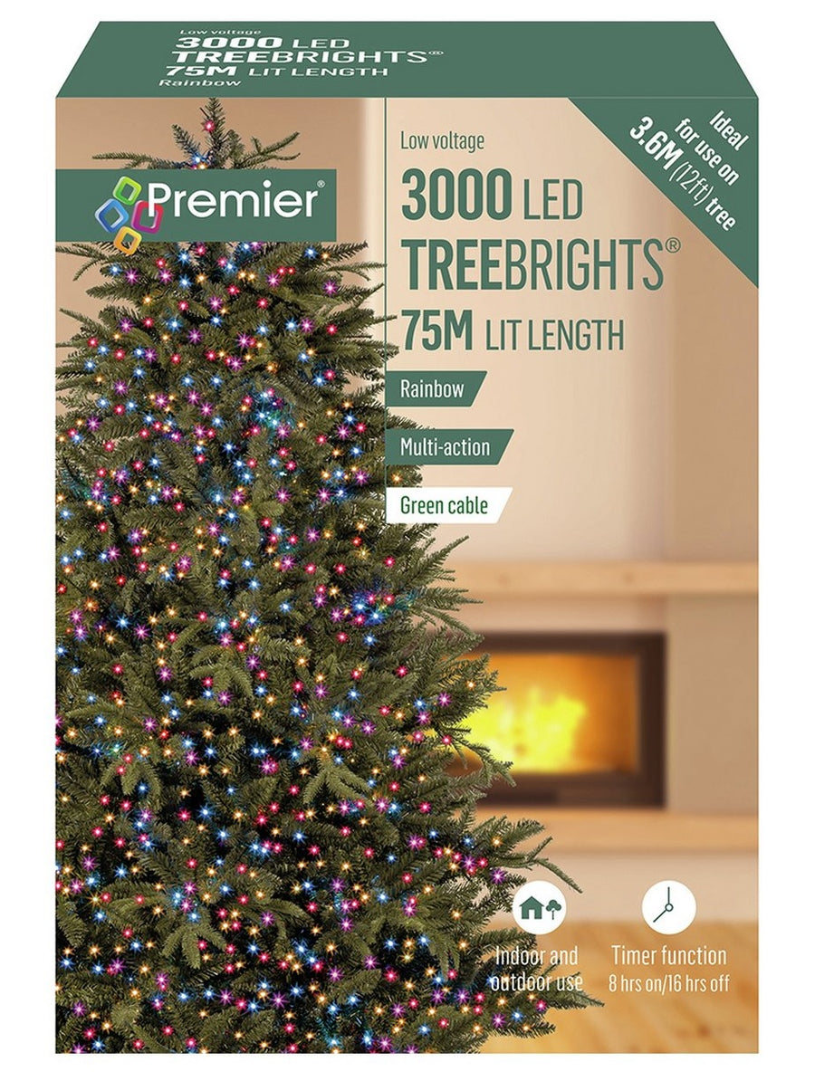 Premier 3000 Rainbow Multicoloured LED Christmas Tree Lights Multi Action Timer 75M