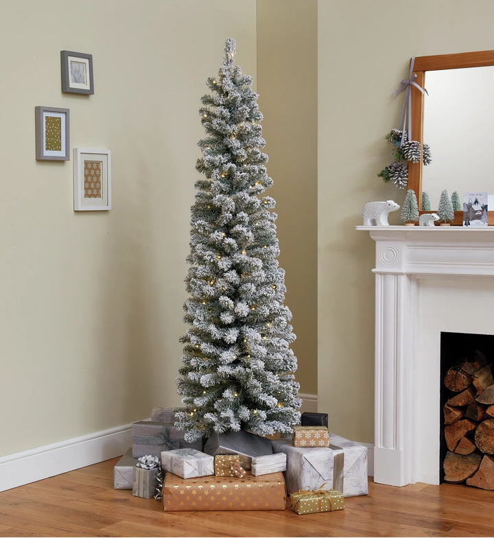 Home 6ft Pre-Lit Snow Tipped Pencil Christmas Tree - Green