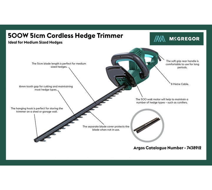 McGregor MEH5051 51cm Corded Hedge Trimmer - 500W