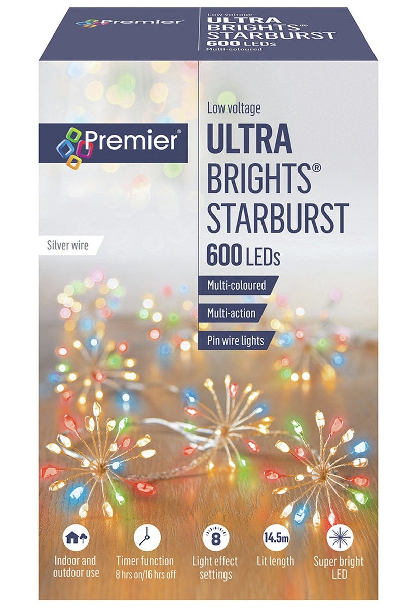 Premier 600 Multi-function Multi-Coloured Christmas Starbursts LED Lights - 5m